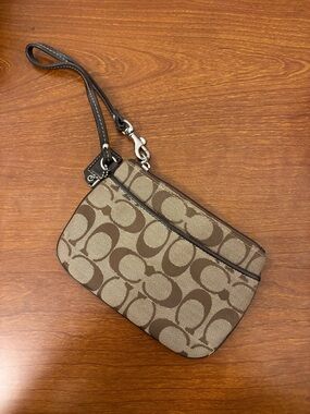 Coach Brown Signature Canvas Wristlet with Dark Brown Leather Tag